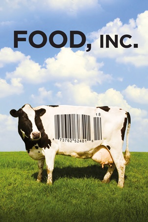 Poster del film che rappresenta una mucca con sopra il codice a barre Food Inc